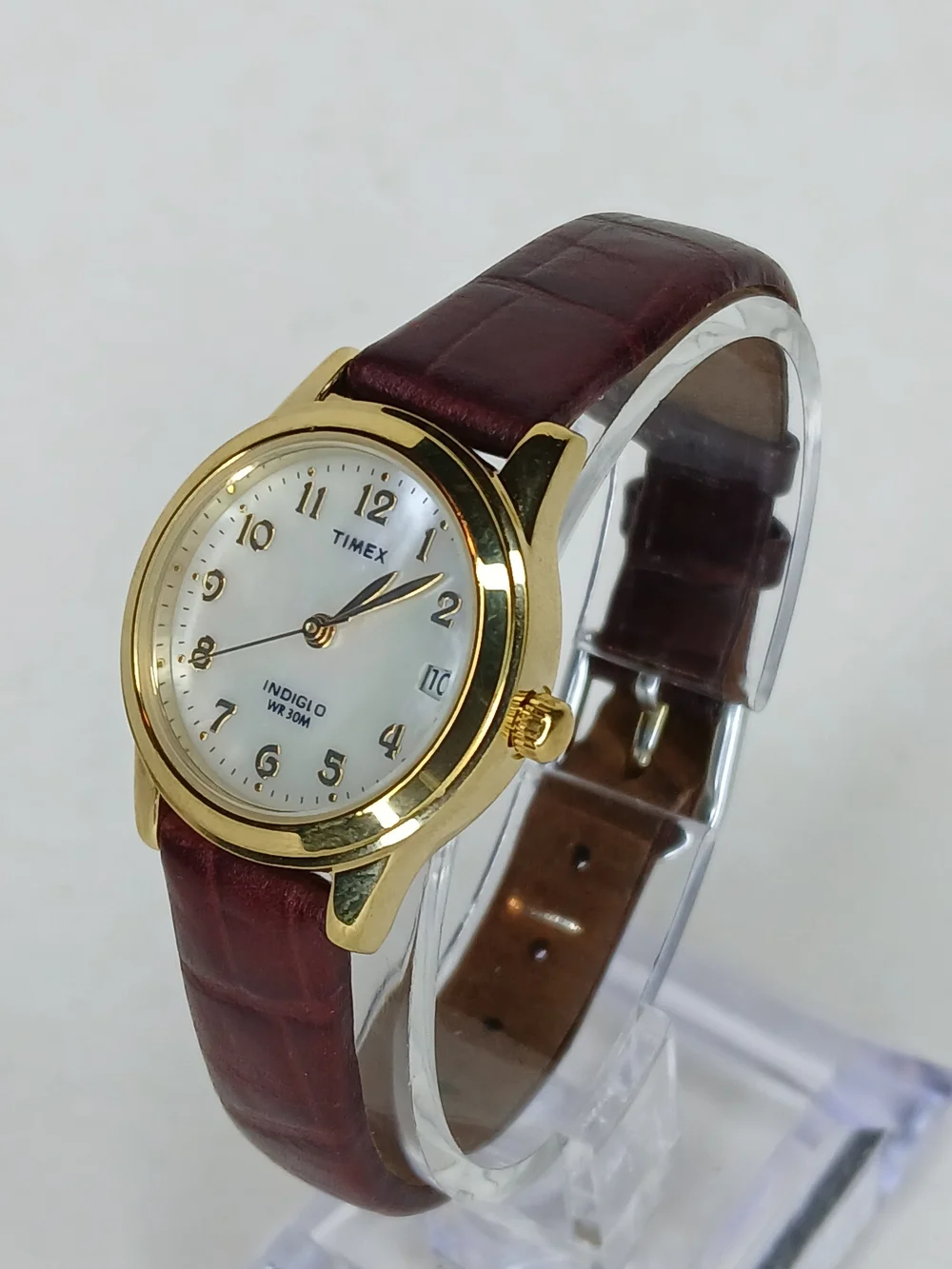 Timex Indiglo Womens Gold Tone MOP Dial Date Brown Leather Band Watch WR 30m